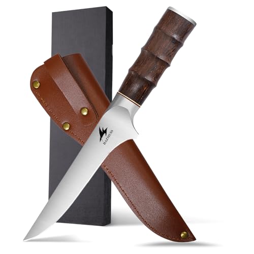 HAZMUSS Ausbeinmesser mit Scheide, 14,5 cm, scharfes, flexibles japanisches Filetiermesser aus kohlenstoffreichem Edelstahl zum Schneiden von Fleisch und Geflügel HAZMUSS Ausbeinmesser mit Scheide, 14,5 cm, scharfes, flexibles japanisches Filetiermesser aus kohlenstoffreichem Edelstahl zum Schneiden von Fleisch und Geflügel von HAZMUSS
