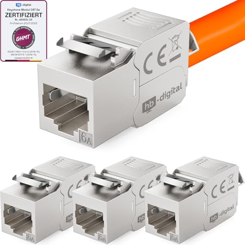 HB-DIGITAL 4x CAT 6a Keystone RJ45 Modul Buchse für LAN Kabel - GHMT Zertifiziert - 10 Gbit/s bis 500 MHz AWG 22-24 werkzeuglos LSA vollgeschirmt STP Einbaubuchse für Patchpanel und Netzwerkdose von HB-DIGITAL