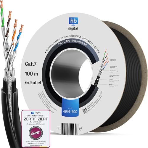 HB-DIGITAL 100m CAT 7 Outdoor Netzwerkkabel für direkte Erdverlegung S/FTP AWG23/1 reines Kupfer Doppelmantel PVC + LLDPE UV wasserresistent PoE 10 Gbit/s Ethernet Kabel für Außenbereich - Schwarz von HB-DIGITAL