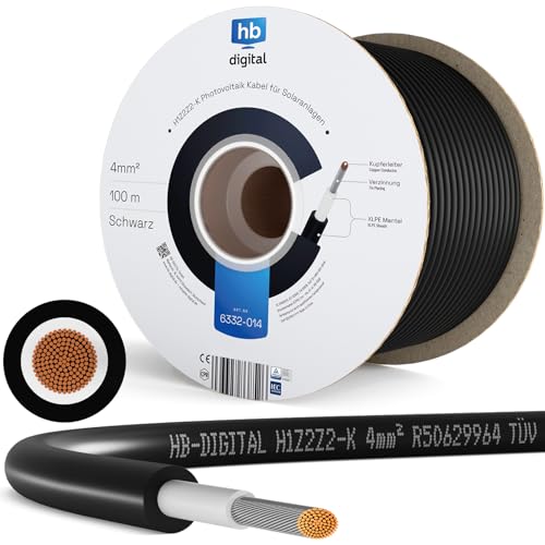 HB-DIGITAL 100m Solarkabel 4mm² H1Z2Z2-K inkl. 0% MwSt. gem. § 12 Abs. 3 UStG - TÜV Rheinland zertifiziertes flexibel UV PV Kabel reines Kupfer 1500V DC für Solarpanel - Schwarz HB-DIGITAL 100m Solarkabel 4mm² H1Z2Z2-K inkl. 0% MwSt. gem. § 12 Abs. 3 UStG - TÜV Rheinland zertifiziertes flexibel UV PV Kabel reines Kupfer 1500V DC für Solarpanel - Schwarz von HB-DIGITAL