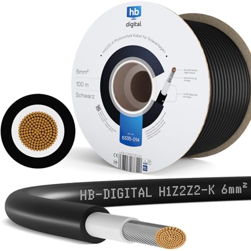 HB-DIGITAL 100m Solarkabel H1Z2Z2-K inkl. 0% MwSt. gem. § 12 Abs. 3 UStG - TÜV Rheinland zertifiziertes - 6mm² flexibel UV PV Kabel reines Kupfer 1500V DC für Solarpanel- Schwarz von HB-DIGITAL
