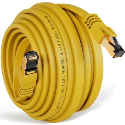 HB-DIGITAL 10m CAT 8 LAN Kabel Netzwerkkabel Ethernet Patchkabel flach RJ45 U/FTP LSZH 40 Gbit/s 2000 MHz AWG 26 PiMF reines Kupfer vergoldete Stecker für Switch, Router, Modem, Smart TV - Gelb von HB-DIGITAL