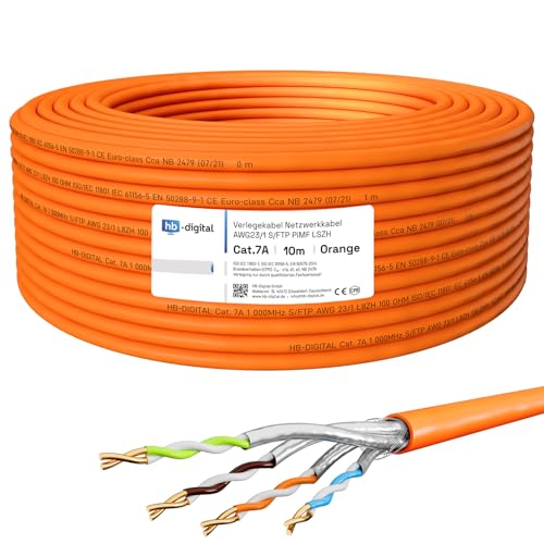 HB-DIGITAL 10m CAT.7a Netzwerkkabel LAN Kabel Verlegekabel AWG 23 Reines Kupfer S/FTP PiMF LSZH Halogenfrei RoHS-Compliant Ethernet Installationskabel Datenkabel PoE 10Gbit/s max. 1200MHz Orange von HB-DIGITAL