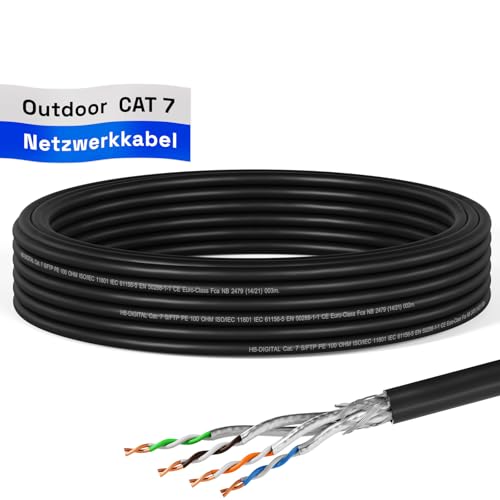 HB-DIGITAL 10m CAT 7 Netzwerkkabel Outdoor LAN Kabel Verlegekabel S/FTP AWG23 doppelt geschirmt PiMF reines Kupfer max 10Gbit/s Netzwerk Installation Ethernet Datenkabel für Außenbereich - Schwarz von HB-DIGITAL