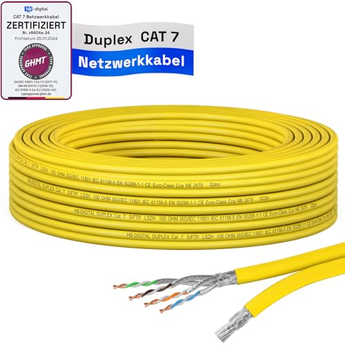 HB-DIGITAL 10m CAT 7 Netzwerkkabel LAN Kabel Verlegekabel Ethernet Installationskabel 10 Gbit/s AWG23 S/FTP - GHMT Zertifiziert - reines Kupfer LSZH BauPVO Klasse Cca Datenkabel Duplex - Gelb von HB-DIGITAL