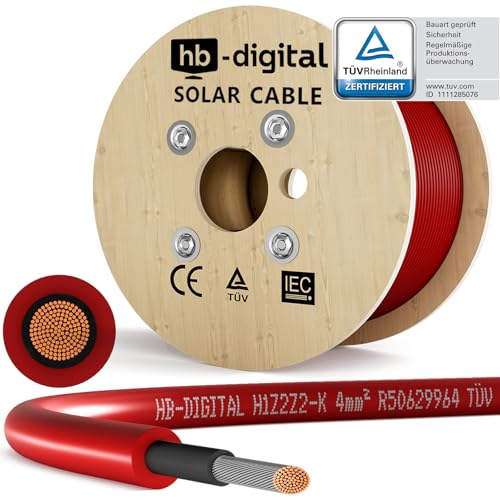 HB-DIGITAL 200m Solarkabel 4mm² H1Z2Z2-K TÜV-zertifiziert UV-beständig flexibel PV Kabel Reines Kupfer 1500V Verlängerungskabel Photovoltaik für Solarpanel Wechselrichter Laderegler rot von HB-DIGITAL