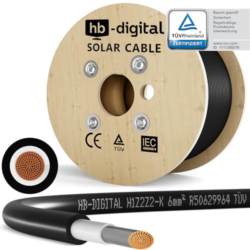 HB-DIGITAL 200m Solarkabel H1Z2Z2-K TÜV-zertifiziert 6mm2 UV-beständig flexibel PV Kabel Reines Kupfer 1500V Verlängerungskabel Photovoltaik für Solarpanel Wechselrichter Laderegler schwarz von HB-DIGITAL