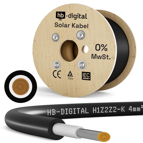 HB-DIGITAL 200m Solarkabel H1Z2Z2-K inkl. 0% MwSt. gem. § 12 Abs. 3 UStG - TÜV Rheinland zertifiziertes - 4mm² flexibel UV PV Kabel reines Kupfer 1500V DC für Solarpanel - Schwarz HB-DIGITAL 200m Solarkabel H1Z2Z2-K inkl. 0% MwSt. gem. § 12 Abs. 3 UStG - TÜV Rheinland zertifiziertes - 4mm² flexibel UV PV Kabel reines Kupfer 1500V DC für Solarpanel - Schwarz von HB-DIGITAL