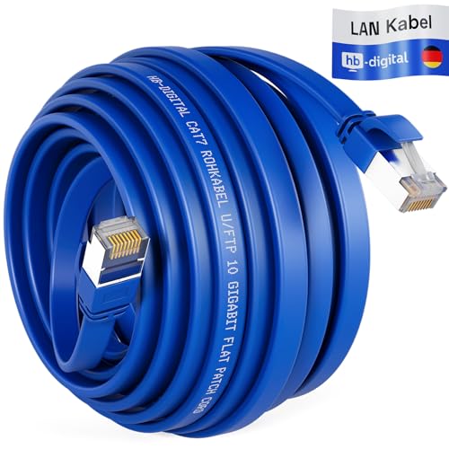 HB-DIGITAL 20m LAN Kabel RJ45 Patchkabel mit CAT 7 Rohkabel U/FTP Flach – 10 Gigabit Ethernet Netzwerkkabel Kupfer Profi PiMF für Patchpanel Switch PC Router – Blau von HB-DIGITAL