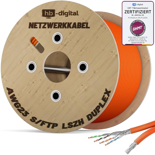 HB-DIGITAL 250m CAT 7 Netzwerkkabel LAN Kabel Verlegekabel Ethernet Installationskabel 10 Gbit/s AWG23 S/FTP - GHMT Zertifiziert - reines Kupfer LSZH BauPVO Klasse Cca Datenkabel Duplex - Orange von HB-DIGITAL
