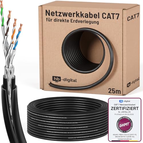 HB-DIGITAL 25m CAT 7 Outdoor Netzwerkkabel für direkte Erdverlegung -GHMT Zertifiziert- S/FTP AWG23 reines Kupfer Doppelmantel PVC + LLDPE PoE 10Gbit/s Ethernet Kabel für Außenbereich - Schwarz von HB-DIGITAL