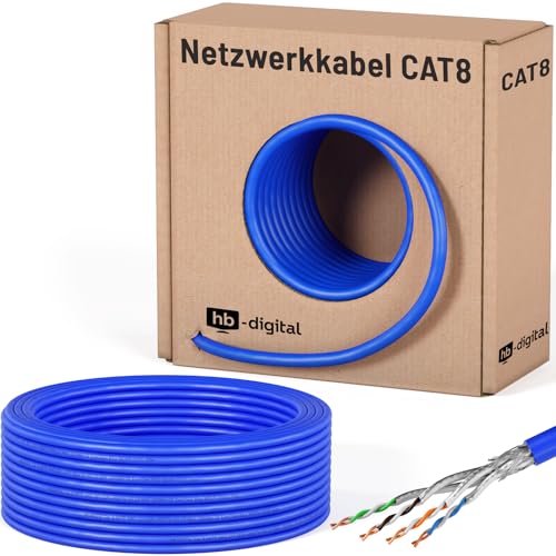 HB-DIGITAL 25m CAT 8 Netzwerkkabel LAN Kabel Verlegekabel Ethernet Installationskabel 40 Gbit/s AWG 22/1 reines Kupfer S/FTP LSZH BauPVO Klasse B2ca Datenkabel Simplex - Blau von HB-DIGITAL