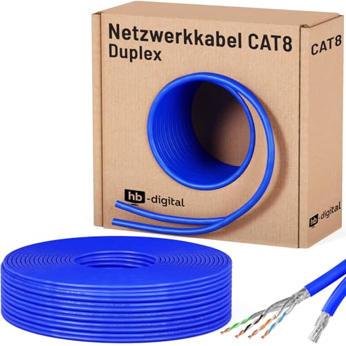 HB-DIGITAL 25m CAT 8 Netzwerkkabel LAN Kabel Verlegekabel Ethernet Installationskabel 40 Gbit/s AWG 22/1 reines Kupfer S/FTP LSZH BauPVO Klasse B2ca Datenkabel Duplex - Blau von HB-DIGITAL
