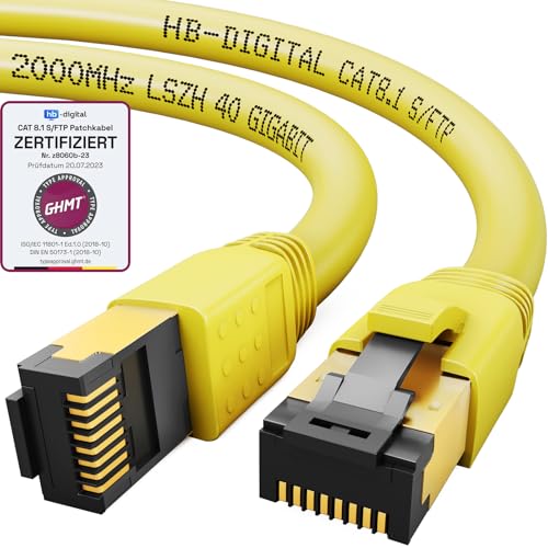 HB-DIGITAL 2m CAT 8 LAN Kabel Netzwerkkabel Patchkabel AWG 24 S/FTP LSZH 40Gbps 2000MHz - GHMT Zertifiziert - reines Kupfer mit vergoldete RJ45 Stecker für Switch, Router, Modem, PC - Gelb HB-DIGITAL 2m CAT 8 LAN Kabel Netzwerkkabel Patchkabel AWG 24 S/FTP LSZH 40Gbps 2000MHz - GHMT Zertifiziert - reines Kupfer mit vergoldete RJ45 Stecker für Switch, Router, Modem, PC - Gelb von HB-DIGITAL