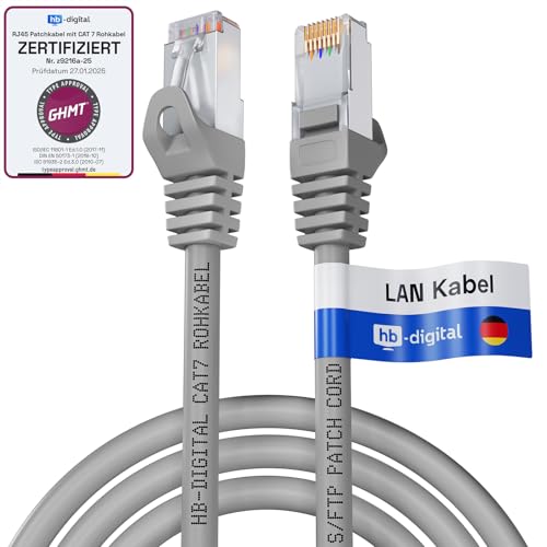 HB-DIGITAL 2m LAN Kabel RJ45 Patchkabel mit CAT 7 Rohkabel S/FTP - GHMT zertifiziert - 10 Gigabit Ethernet Netzwerkkabel Kupfer Profi PiMF für Patchpanel Switch PC Router - Grau von HB-DIGITAL
