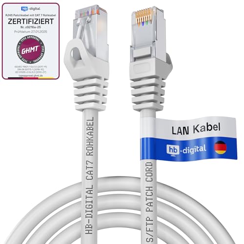 HB-DIGITAL 2m LAN Kabel RJ45 Patchkabel mit CAT 7 Rohkabel S/FTP - GHMT zertifiziert - 10 Gigabit Ethernet Netzwerkkabel Kupfer Profi PiMF für Patchpanel Switch PC Router - Weiss von HB-DIGITAL