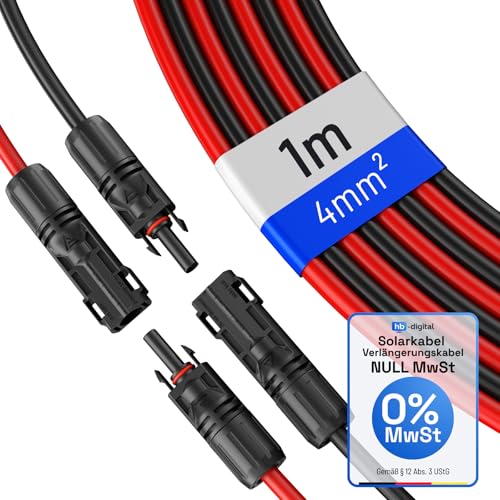 HB-DIGITAL 2x 1m 4mm² Solarkabel Verlängerungskabel Kabelpaar für Photovoltaik Anlagen H1Z2Z2-K mit 1500V Stecker IP68 inkl. 0% MwSt. gem. § 12 Abs. 3 UStG - Rot & Schwarz von HB-DIGITAL