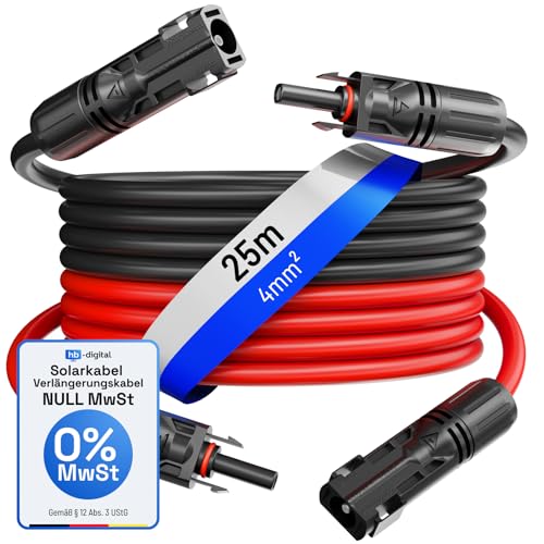 HB-DIGITAL 2x 25m 4mm² Solarkabel Verlängerungskabel Kabelpaar für Photovoltaik Anlagen H1Z2Z2-K mit 1500V Stecker IP68 inkl. 0% MwSt. gem. § 12 Abs. 3 UStG - Rot & Schwarz von HB-DIGITAL