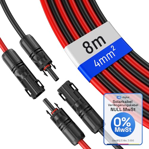HB-DIGITAL 2x 8m 4mm² Solarkabel Verlängerungskabel Kabelpaar für Photovoltaik Anlagen H1Z2Z2-K mit 1500V Stecker IP68 inkl. 0% MwSt. gem. § 12 Abs. 3 UStG - Rot & Schwarz von HB-DIGITAL