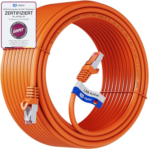 HB-DIGITAL 30m LAN Kabel RJ45 Patchkabel mit CAT 7 Rohkabel S/FTP - GHMT zertifiziert - 10 Gigabit Ethernet Netzwerkkabel Kupfer Profi PiMF für Patchpanel Switch PC Router - Orange von HB-DIGITAL