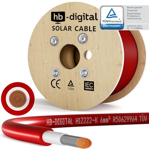 HB-DIGITAL 300m Solarkabel H1Z2Z2-K TÜV-zertifiziert 6mm2 UV-beständig flexibel PV Kabel Reines Kupfer 1500V Verlängerungskabel Photovoltaik für Solarpanel Solarmodule Wechselrichter Laderegler rot von HB-DIGITAL