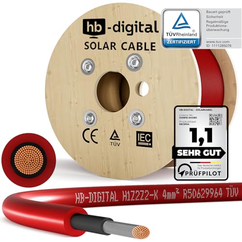 HB-DIGITAL 300m Solarkabel 4mm² H1Z2Z2-K TÜV-zertifiziert UV-beständig flexibel PV Kabel Reines Kupfer 1500V Verlängerungskabel Photovoltaik für Solarpanel Wechselrichter Laderegler rot von HB-DIGITAL