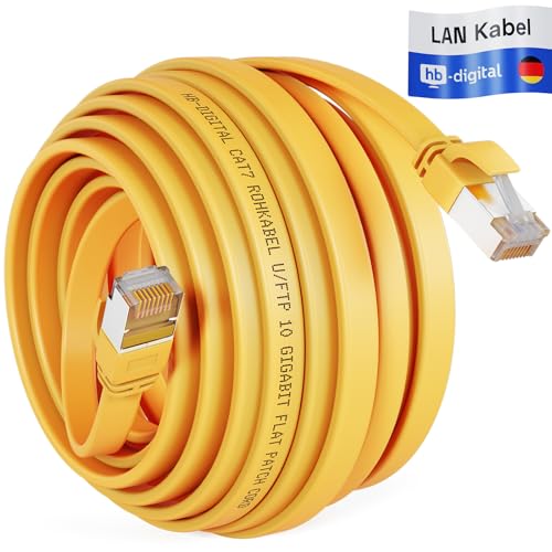 HB-DIGITAL 30m LAN Kabel RJ45 Patchkabel mit CAT 7 Rohkabel U/FTP Flach – 10 Gigabit Ethernet Netzwerkkabel Kupfer Profi PiMF für Patchpanel Switch PC Router – Gelb von HB-DIGITAL