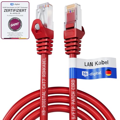 HB-DIGITAL 5m LAN Kabel RJ45 Patchkabel mit CAT 7 Rohkabel S/FTP - GHMT zertifiziert - 10 Gigabit Ethernet Netzwerkkabel Kupfer Profi PiMF für Patchpanel Switch PC Router - Rot von HB-DIGITAL