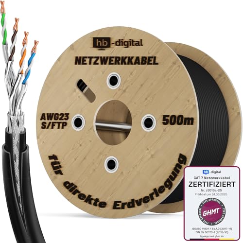 HB-DIGITAL 500m CAT 7 Outdoor Netzwerkkabel für direkte Erdverlegung S/FTP AWG23/1 reines Kupfer Doppelmantel PVC + LLDPE UV wasserresistent PoE 10 Gbit/s Ethernet Kabel für Außenbereich - Schwarz von HB-DIGITAL