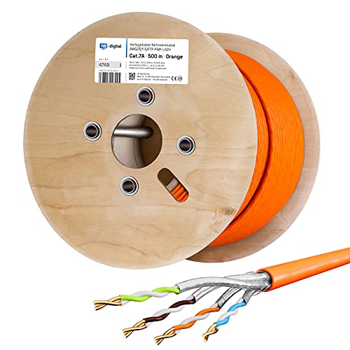 HB-DIGITAL 500m CAT.7a Netzwerkkabel LAN Kabel Verlegekabel AWG 23 Reines Kupfer S/FTP PiMF LSZH Halogenfrei RoHS-Compliant Ethernet Installationskabel Datenkabel PoE 10Gbit/s max. 1200MHz Orange von HB-DIGITAL