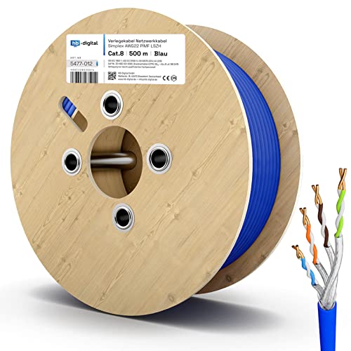 HB-DIGITAL 500m Cat 8.1 Netzwerkkabel Verlegekabel Installationskabel Datenkabel Ethernet LAN Kabel Cat.8 bis zu 40 Gbit/s Kupfer S/FTP 2000 MHz PIMF LSZH Cat8 Halogenfrei RoHS-Compliant AWG 22/1 blau von HB-DIGITAL