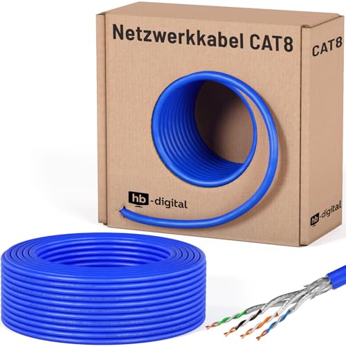 HB-DIGITAL 50m CAT 8 Netzwerkkabel LAN Kabel Verlegekabel Ethernet Installationskabel 40 Gbit/s AWG 22/1 reines Kupfer S/FTP LSZH BauPVO Klasse B2ca Datenkabel Simplex - Blau von HB-DIGITAL