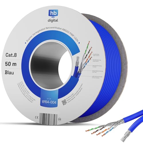 HB-DIGITAL 50m CAT 8 Netzwerkkabel LAN Kabel Verlegekabel Ethernet Installationskabel 40 Gbit/s AWG 22/1 reines Kupfer S/FTP LSZH BauPVO Klasse B2ca Datenkabel Duplex - Blau von HB-DIGITAL