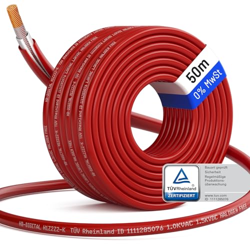 HB-DIGITAL 50m Solarkabel H1Z2Z2-K - TÜV Rheinland zertifiziertes - 6mm² flexibel UV PV Kabel reines Kupfer 1500V DC für Solarpanel inkl. 0% MwSt. gem. § 12 Abs. 3 UStG - Rot von HB-DIGITAL