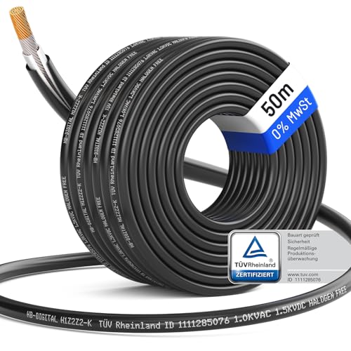 HB-DIGITAL 50m Solarkabel 6mm² H1Z2Z2-K inkl. 0% MwSt. gem. § 12 Abs. 3 UStG - TÜV Rheinland zertifiziertes flexibel UV PV Kabel reines Kupfer 1500V DC für Solarpanel- Schwarz von HB-DIGITAL