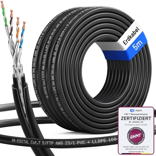 HB-DIGITAL 5m CAT 7 Outdoor Netzwerkkabel für direkte Erdverlegung -GHMT Zertifiziert- S/FTP AWG23 reines Kupfer Doppelmantel PVC + LLDPE PoE 10Gbit/s Ethernet Kabel für Außenbereich - Schwarz von HB-DIGITAL