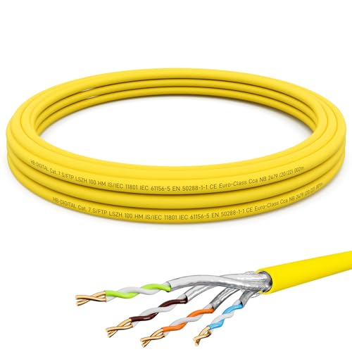 HB-DIGITAL 5m CAT.7 Netzwerkkabel LAN Kabel Verlegekabel AWG 23 Reines Kupfer S/FTP PiMF LSZH Halogenfrei RoHS-Compliant Ethernet Installationskabel Datenkabel PoE 10Gbit/s GHMT Zertifiziert Gelb von HB-DIGITAL