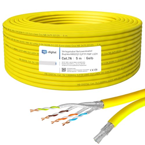 HB-DIGITAL 5m Netzwerkkabel LAN Duplex Verlegekabel Cabel cat.7a max. 1200MHz Reines Kupfer S/FTP PIMF LSZH Halogenfrei RoHS-Compliant AWG23 (2 verbundene Strängen) Gelb von HB-DIGITAL