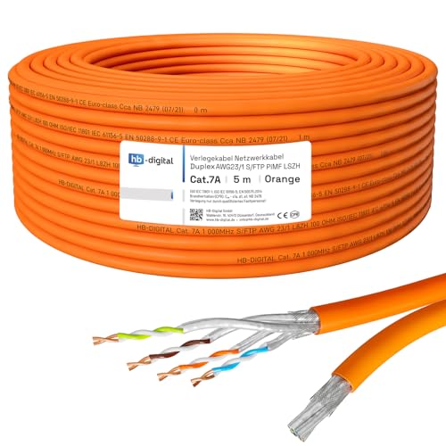 HB-DIGITAL 5m Netzwerkkabel LAN Duplex Verlegekabel Cabel cat.7a max. 1200MHz Reines Kupfer S/FTP PIMF LSZH Halogenfrei RoHS-Compliant AWG23 (2 verbundene Strängen) Orange von HB-DIGITAL