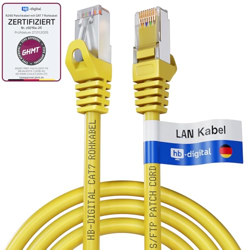 HB-DIGITAL 5x 0,25m LAN Kabel RJ45 Patchkabel mit CAT 7 Rohkabel S/FTP - GHMT zertifiziert - 10 Gigabit Ethernet Netzwerkkabel Kupfer Profi PiMF für Patchpanel Switch PC Router - Gelb von HB-DIGITAL