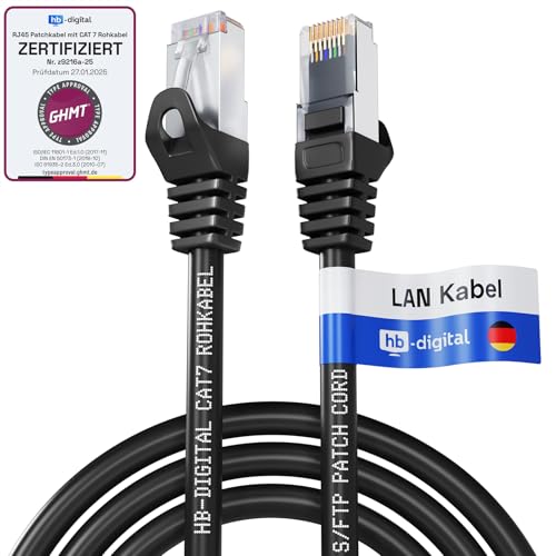 HB-DIGITAL 7,5m LAN Kabel RJ45 Patchkabel mit CAT 7 Rohkabel S/FTP - GHMT zertifiziert - 10 Gigabit Ethernet Netzwerkkabel Kupfer Profi PiMF für Patchpanel Switch PC Router - Schwarz von HB-DIGITAL