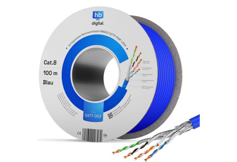 HB-DIGITAL CAT 8 Netzwerk Verlegekabel Ethernet S/FTP AWG22 LSZH Netzwerkkabel, Netzwerkstecker, (10000 cm), Brandschutzklasse BauPVO: B2ca s1a d1 a1 von HB-DIGITAL