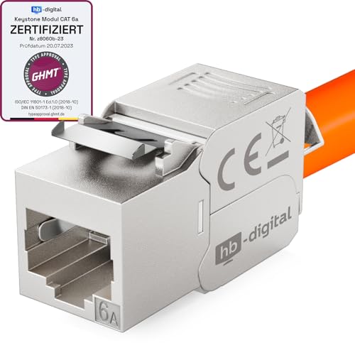 hb-digital 1x CAT 6a Keystone RJ45 Modul Buchse für LAN Kabel - GHMT Zertifiziert - 10 Gbit/s bis 500 MHz AWG 22-24 werkzeuglos LSA vollgeschirmt STP Einbaubuchse für Patchpanel und Netzwerkdose von HB-DIGITAL