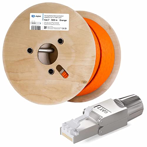 HB-DIGITAL SET 500m CAT.7 Netzwerkkabel LAN Verlegekabel AWG 23 Reines Kupfer S/FTP PiMF LSZH Halogenfrei RoHS-Compliant GHMT-zertifiziert Ethernet PoE 10Gbit/s 1000MHz Orange + 20x Netzwerkstecker von HB-DIGITAL