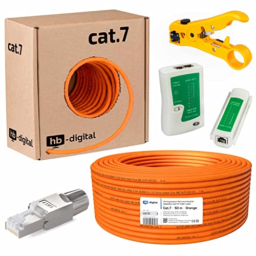 HB-DIGITAL SET 50m CAT.7 Netzwerkkabel LAN Verlegekabel AWG23 Reines Kupfer S/FTP PiMF LSZH Halogenfrei RoHS-Compliant GHMT Ethernet PoE 10Gbit/s 1000MHz Orange + 1x Werkzeugset + 10x Netzwerkstecker von HB-DIGITAL