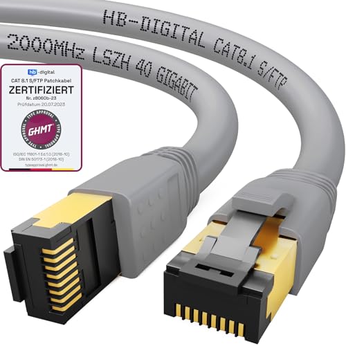 HB-Digital 0,25m CAT 8.1 Netzwerkkabel S/FTP LSZH Grau 40 Gbits | LAN Patchkabel Gigabit RJ45 Stecker Ethernet Data Cable | 40000 Mbits Übertragungsgeschwindigkeit PIMF 2000 MHz Cat.6 Cat.7 Cat.8 von HB-DIGITAL