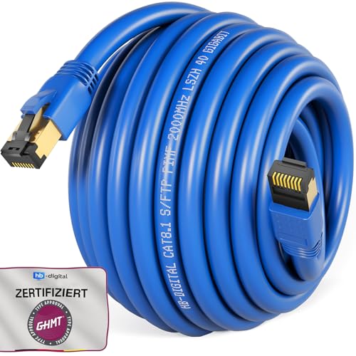 HB-Digital 10m CAT 8.1 Netzwerkkabel S/FTP LSZH Blau 40 Gbits | LAN Patchkabel Gigabit RJ45 Stecker Ethernet Data Cable | 40000 Mbits Übertragungsgeschwindigkeit PIMF 2000 MHz Cat.6 Cat.7 Cat.8 von HB-DIGITAL