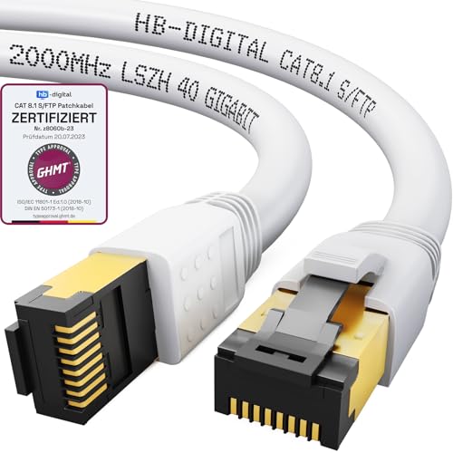 HB-DIGITAL 1m CAT 8 LAN Kabel Netzwerkkabel Patchkabel AWG 24 S/FTP LSZH 40Gbps 2000MHz - GHMT Zertifiziert - reines Kupfer mit vergoldete RJ45 Stecker für Switch, Router, Modem, PC - Weiss HB-DIGITAL 1m CAT 8 LAN Kabel Netzwerkkabel Patchkabel AWG 24 S/FTP LSZH 40Gbps 2000MHz - GHMT Zertifiziert - reines Kupfer mit vergoldete RJ45 Stecker für Switch, Router, Modem, PC - Weiss von HB-DIGITAL