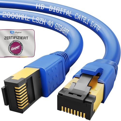 HB-Digital 2m CAT 8.1 Netzwerkkabel S/FTP LSZH Blau 40 Gbits | LAN Patchkabel Gigabit RJ45 Stecker Ethernet Data Cable | 40000 Mbits Übertragungsgeschwindigkeit PIMF 2000 MHz Cat.6 Cat.7 Cat.8 von HB-DIGITAL