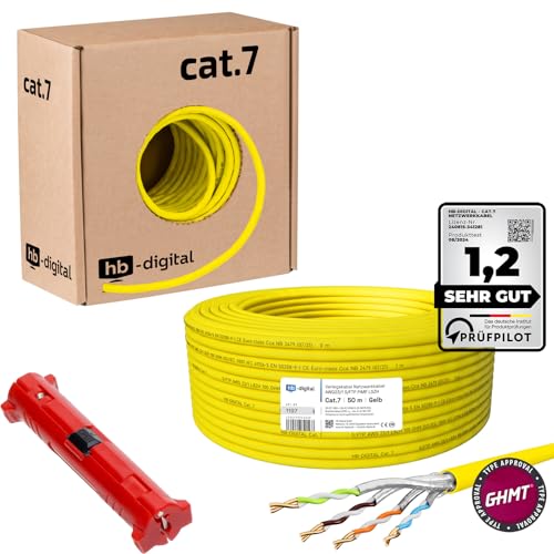 HB-DIGITAL 50m CAT.7 Netzwerkkabel LAN Kabel Verlegekabel AWG 23 Reines Kupfer S/FTP PiMF LSZH RoHS-Compliant Ethernet Installationskabel PoE 10Gbit/s mit Abisolierer + GHMT Zertifiziert - Gelb von HB-DIGITAL